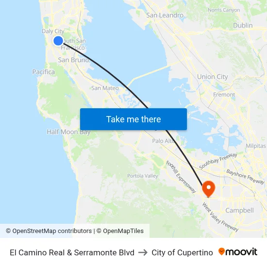 El Camino Real & Serramonte Blvd to City of Cupertino map