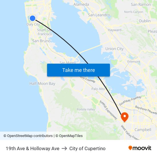 19th Ave & Holloway Ave to City of Cupertino map