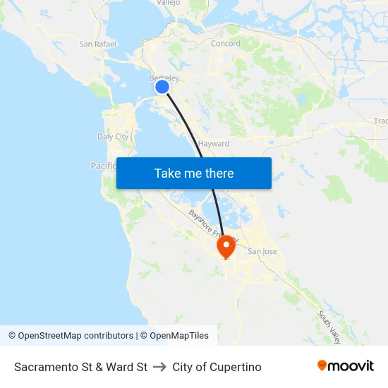 Sacramento St & Ward St to City of Cupertino map