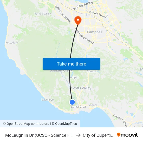 McLaughlin Dr (UCSC - Science Hill) to City of Cupertino map