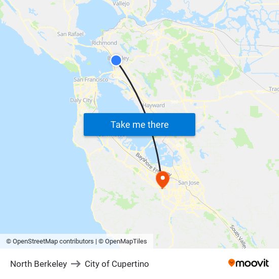 North Berkeley to City of Cupertino map