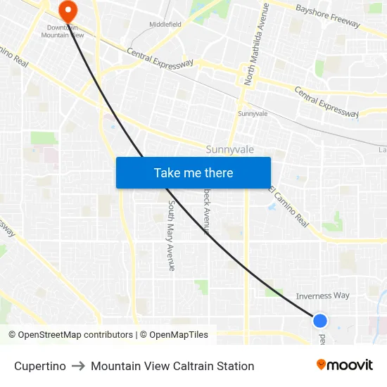 Cupertino to Mountain View Caltrain Station map