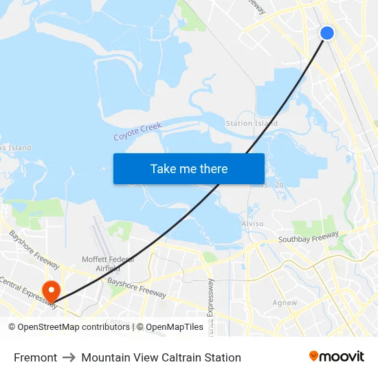 Fremont to Mountain View Caltrain Station map