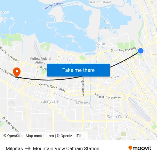 Milpitas to Mountain View Caltrain Station map