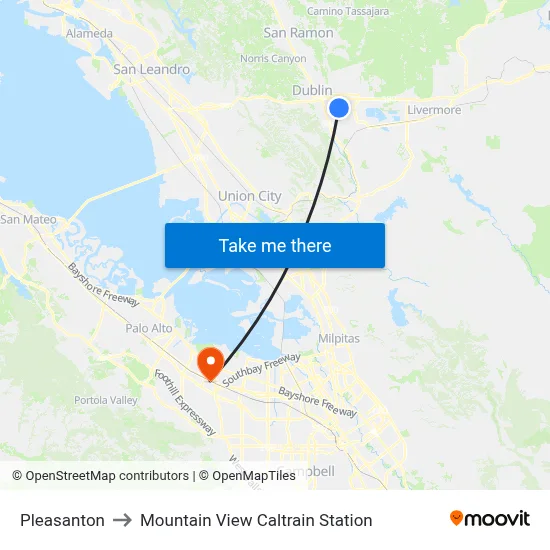 Pleasanton to Mountain View Caltrain Station map
