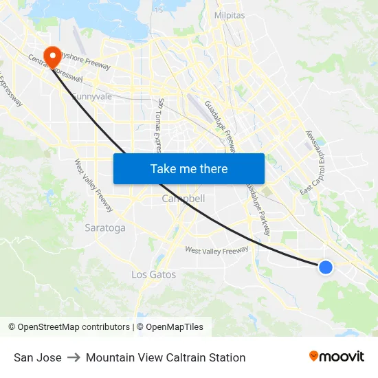 San Jose to Mountain View Caltrain Station map