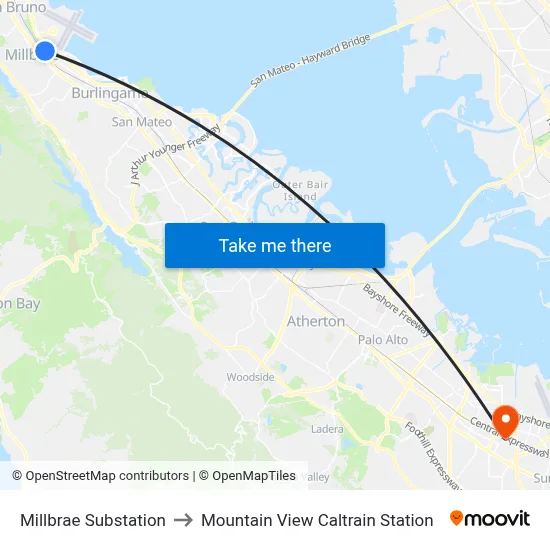 Millbrae Substation to Mountain View Caltrain Station map