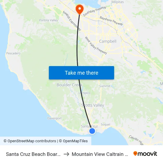 Santa Cruz Beach Boardwalk to Mountain View Caltrain Station map
