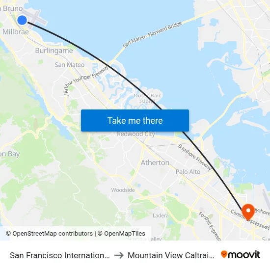 San Francisco International Airport to Mountain View Caltrain Station map