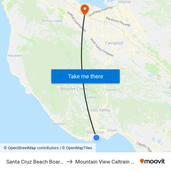 Santa Cruz Beach Boardwalk to Mountain View Caltrain Station map