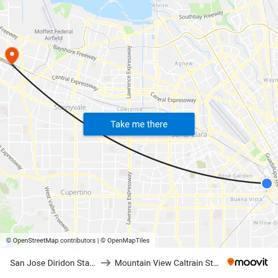 San Jose Diridon Station to Mountain View Caltrain Station map