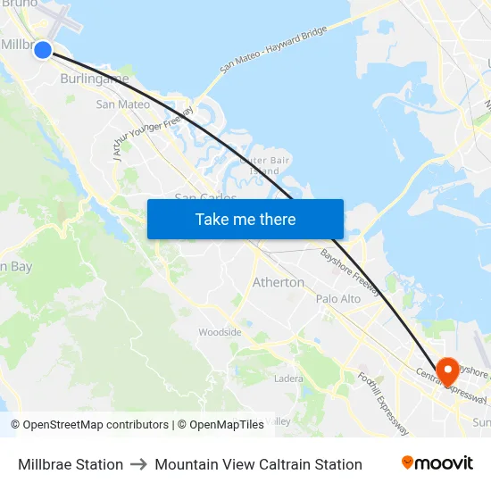 Millbrae Station to Mountain View Caltrain Station map