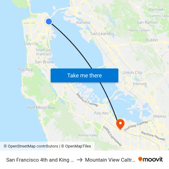 San Francisco 4th and King Street Station to Mountain View Caltrain Station map