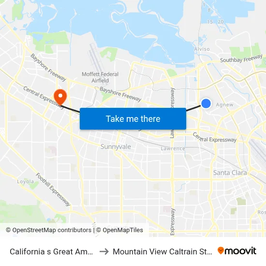 California s Great America to Mountain View Caltrain Station map