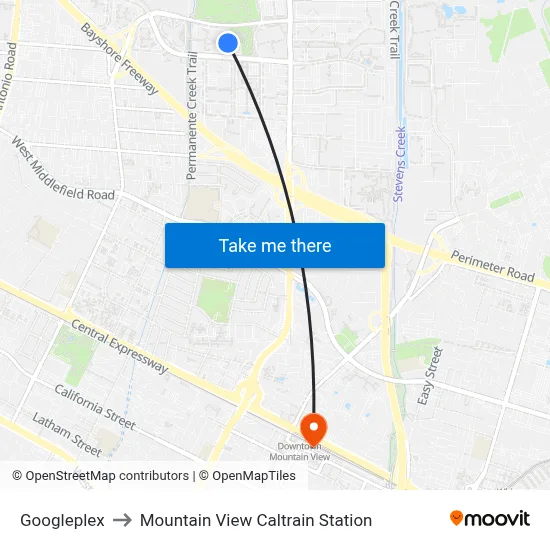 Googleplex to Mountain View Caltrain Station map
