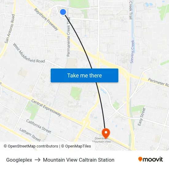 Googleplex to Mountain View Caltrain Station map