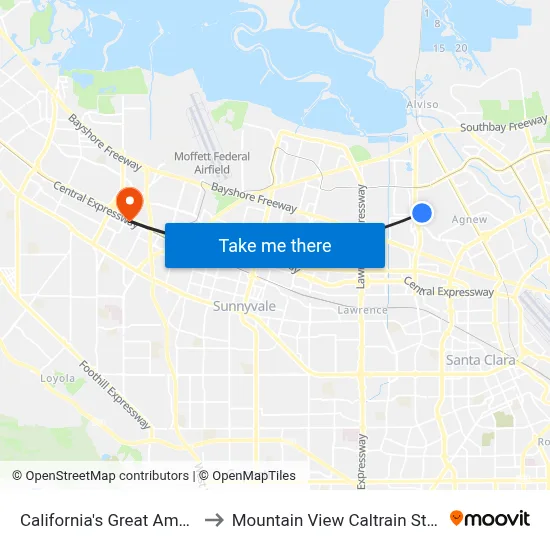 California's Great America to Mountain View Caltrain Station map