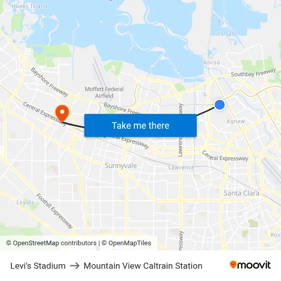 Levi's Stadium to Mountain View Caltrain Station map