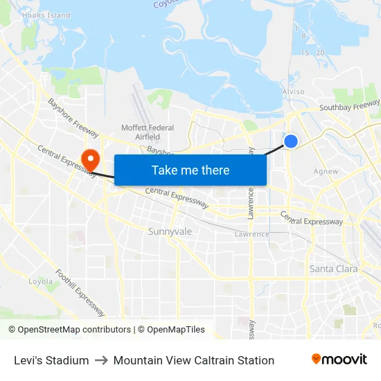 Levi's Stadium to Mountain View Caltrain Station map