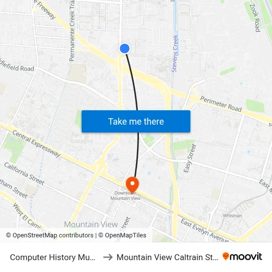 Computer History Museum to Mountain View Caltrain Station map