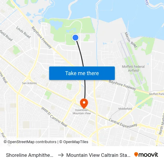 Shoreline Amphitheatre to Mountain View Caltrain Station map