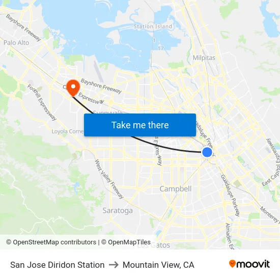 San Jose Diridon Station to Mountain View, CA map