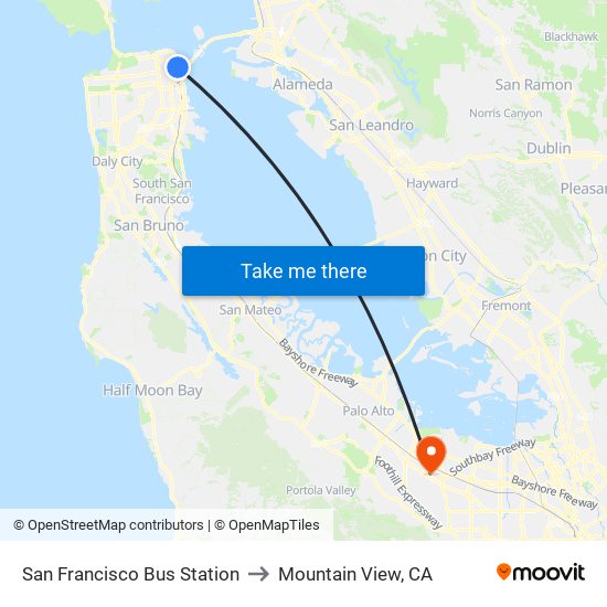 San Francisco Bus Station to Mountain View, CA map