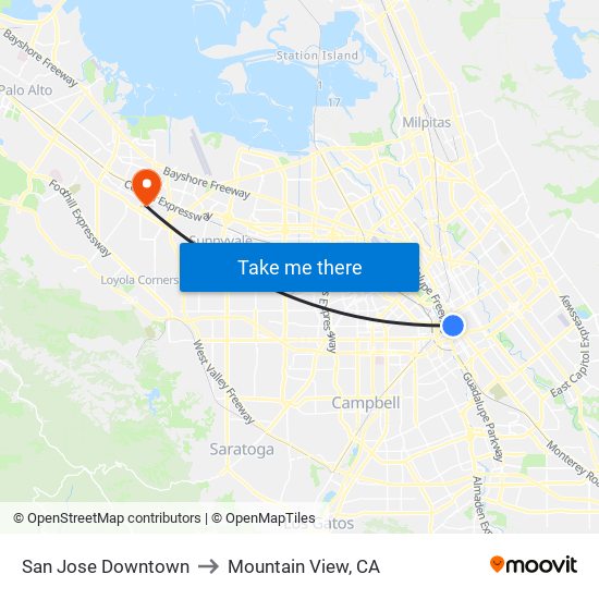 San Jose Downtown to Mountain View, CA map