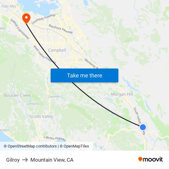 Gilroy to Mountain View, CA map