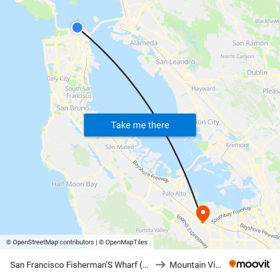 San Francisco Fisherman’S Wharf (Hyde/Beach) to Mountain View, CA map