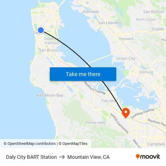 Daly City BART Station to Mountain View, CA map