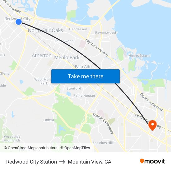 Redwood City Station to Mountain View, CA map