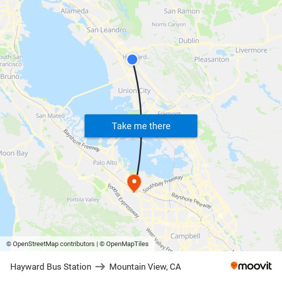 Hayward Bus Station to Mountain View, CA map