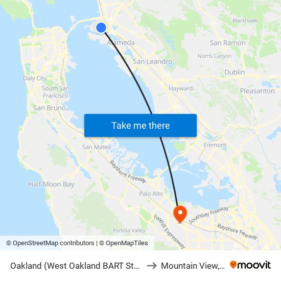 Oakland (West Oakland BART Station) to Mountain View, CA map