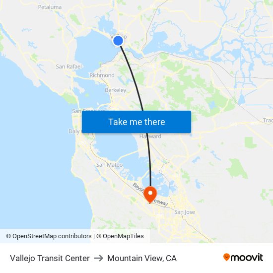 Vallejo Transit Center to Mountain View, CA map