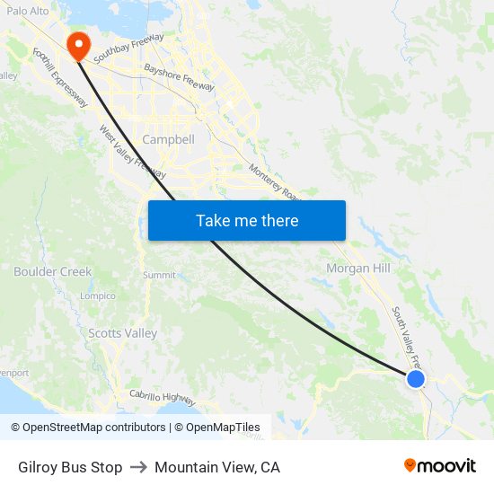 Gilroy Bus Stop to Mountain View, CA map