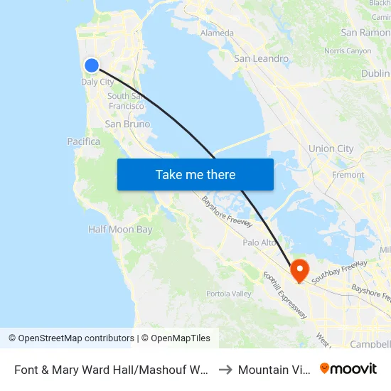 Font & Mary Ward Hall/Mashouf Wellness Center to Mountain View, CA map