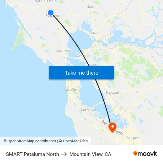 SMART Petaluma North to Mountain View, CA map