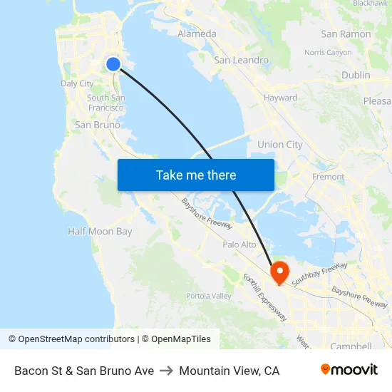 Bacon St & San Bruno Ave to Mountain View, CA map