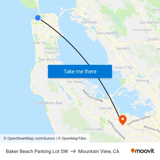 Baker Beach Parking Lot SW to Mountain View, CA map