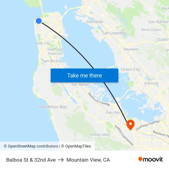 Balboa St & 32nd Ave to Mountain View, CA map