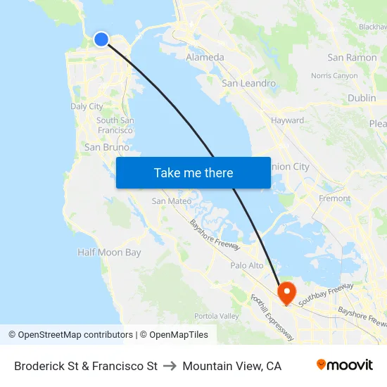 Broderick St & Francisco St to Mountain View, CA map
