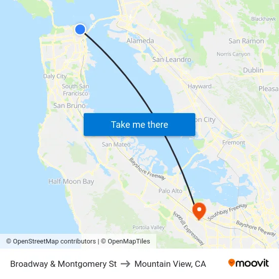 Broadway & Montgomery St to Mountain View, CA map