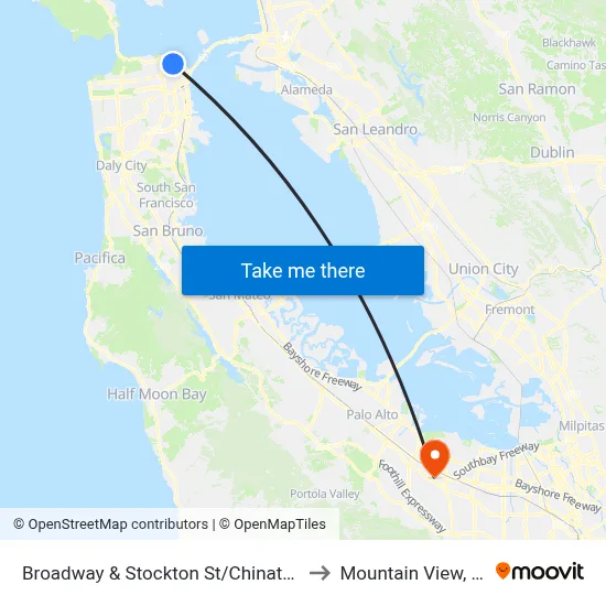 Broadway & Stockton St/Chinatown to Mountain View, CA map
