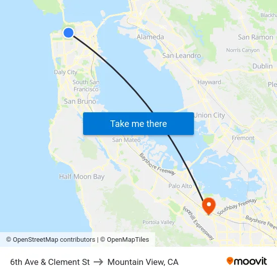 6th Ave & Clement St to Mountain View, CA map