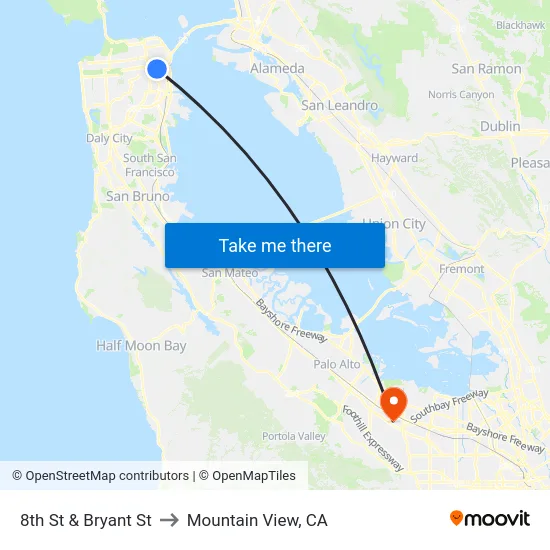 8th St & Bryant St to Mountain View, CA map