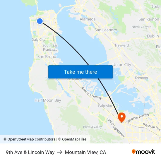 9th Ave & Lincoln Way to Mountain View, CA map