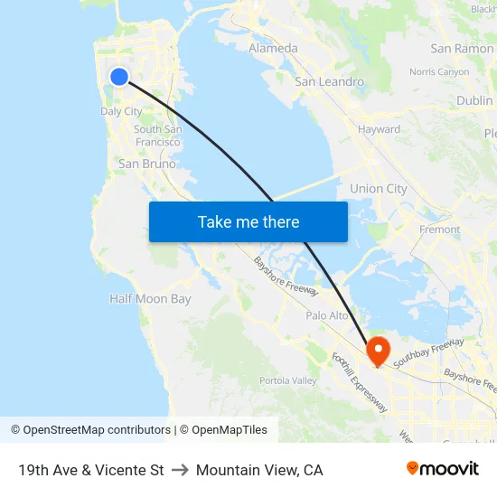 19th Ave & Vicente St to Mountain View, CA map
