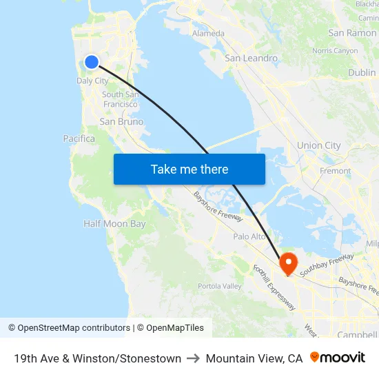 19th Ave & Winston/Stonestown to Mountain View, CA map