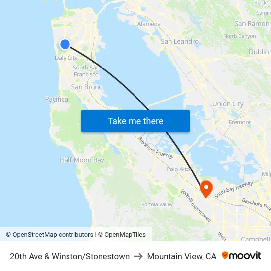 20th Ave & Winston/Stonestown to Mountain View, CA map